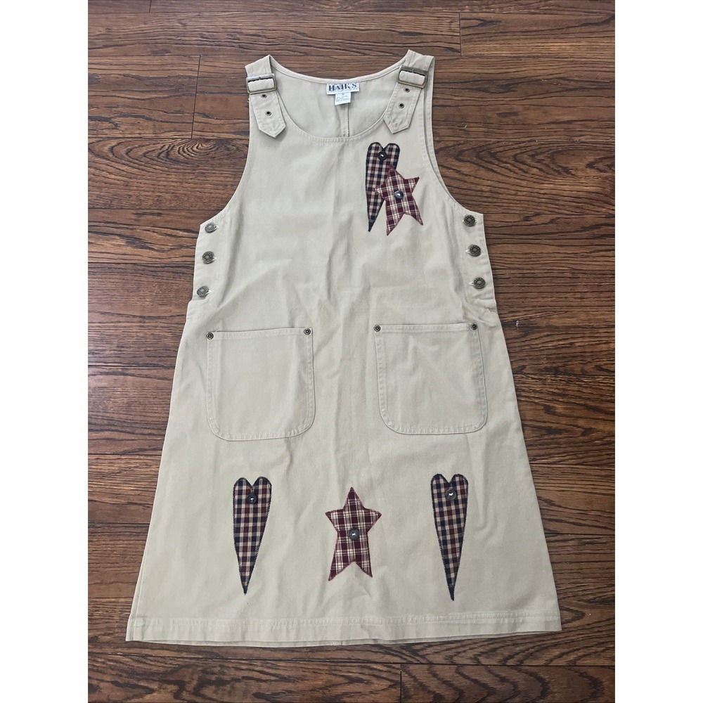 VTG 90s Haiks Small Tan Overall Jumper Dress USA hearts Star 4th Of July Buttons